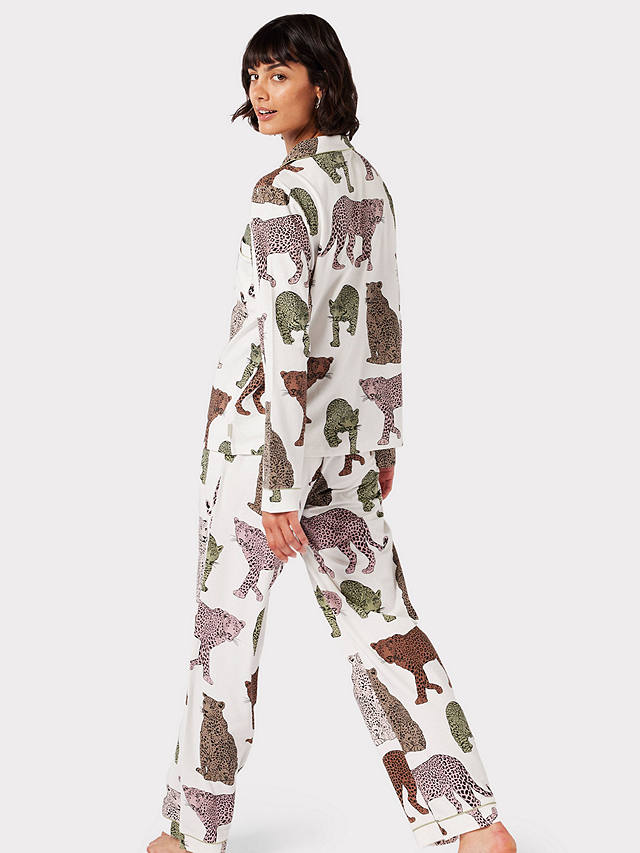 Chelsea Peers Leopard Organic Cotton Long Pyjamas, Off White/Multi at ...