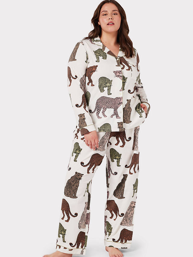 Chelsea Peers Curve Organic Cotton Leopard Print Long Pyjamas, Off White/Multi