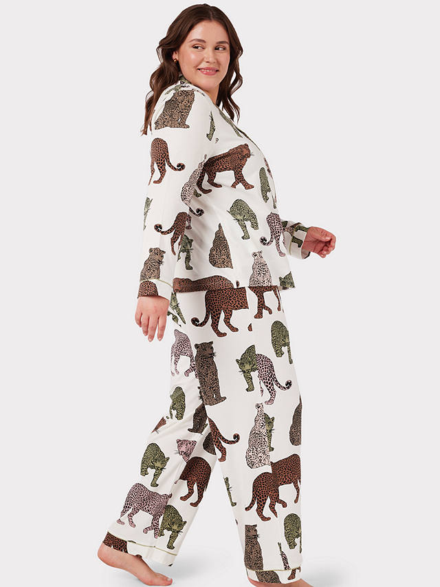 Chelsea Peers Curve Organic Cotton Leopard Print Long Pyjamas, Off White/Multi