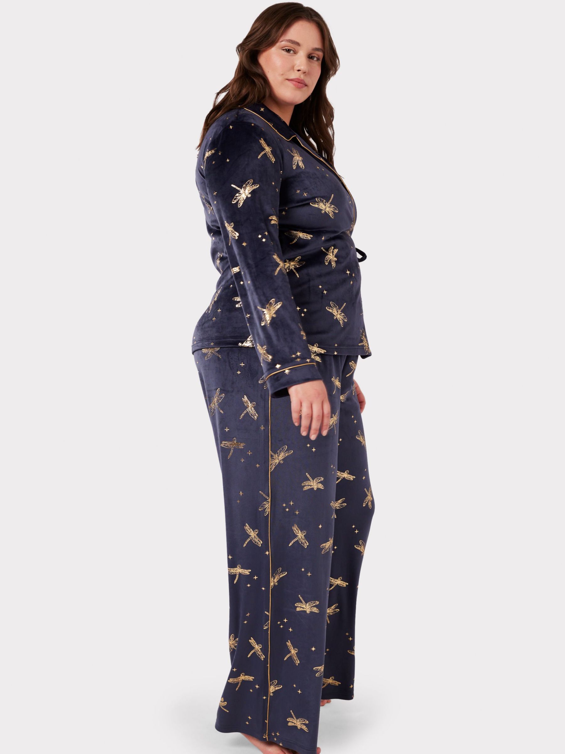 Chelsea Peers Curve Velour Foil Dragonfly Print Long Pyjamas Navy