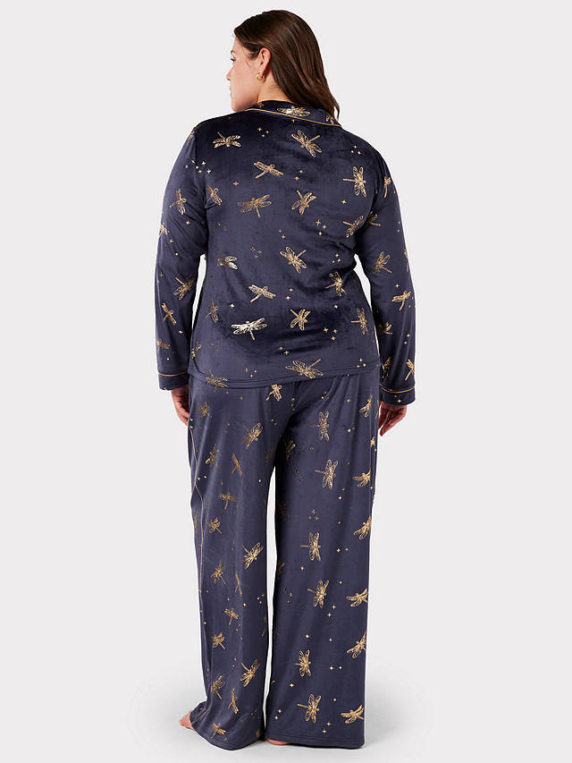 Chelsea Peers Curve Velour Foil Dragonfly Print Long Pyjamas, Navy/Gold ...