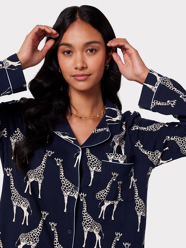Chelsea Peers Organic Cotton Blend Giraffe Print Pyjama Set, Navy