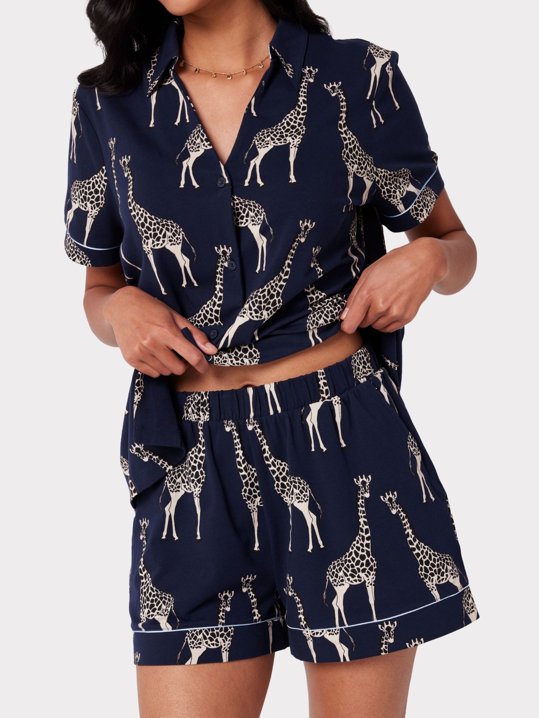 Chelsea Peers Organic Cotton Blend Giraffe Print Shorts Pyjama Set, Navy, 8