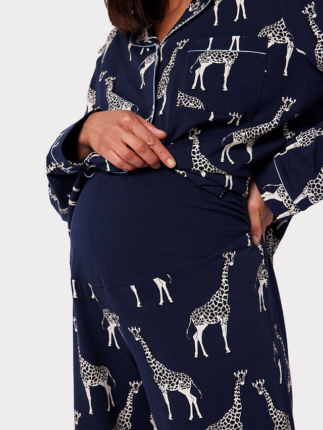 Chelsea Peers Maternity Organic Cotton Blend Giraffe Print Pyjama Set, Navy