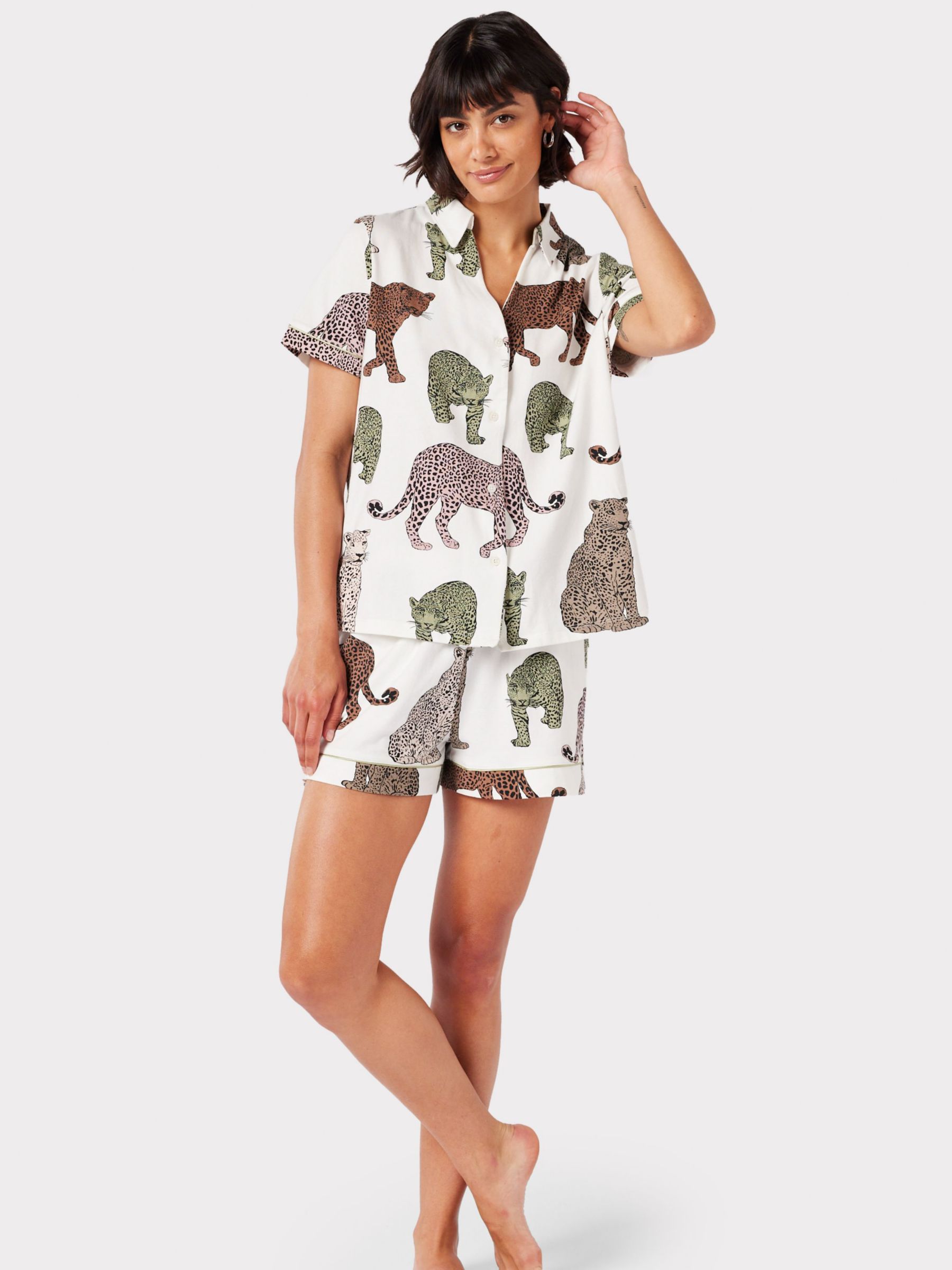 Chelsea Peers Leopard Organic Cotton Short Pyjamas, Off White/Multi, 6