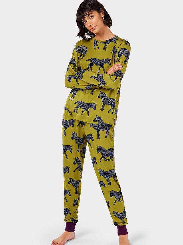 Chelsea Peers Zebra Print Recycled Pyjama Set, Khaki/Multi at John ...