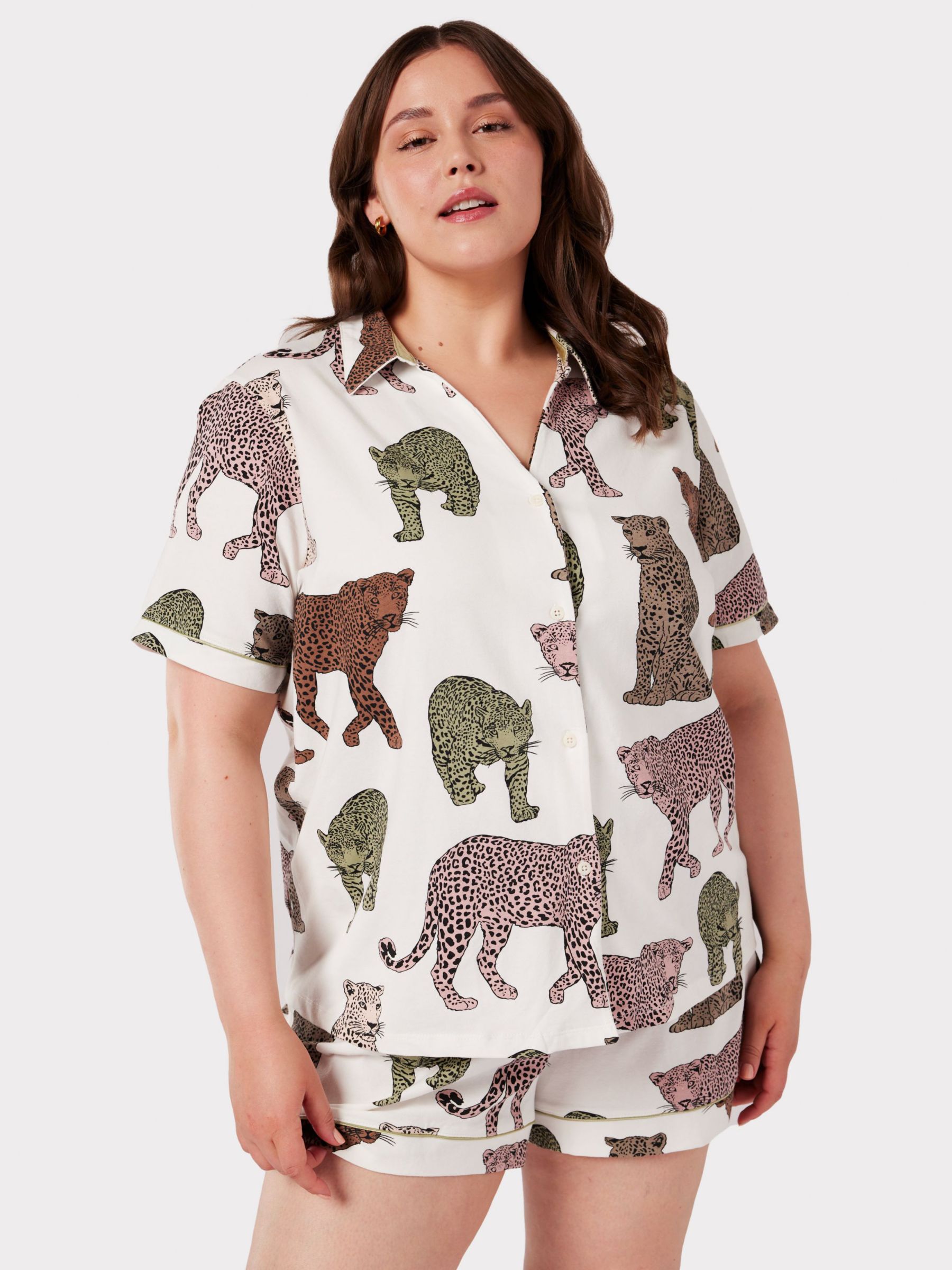 Chelsea Peers Curve Organic Cotton Leopard Print Short Pyjamas, Off White/Multi, 18