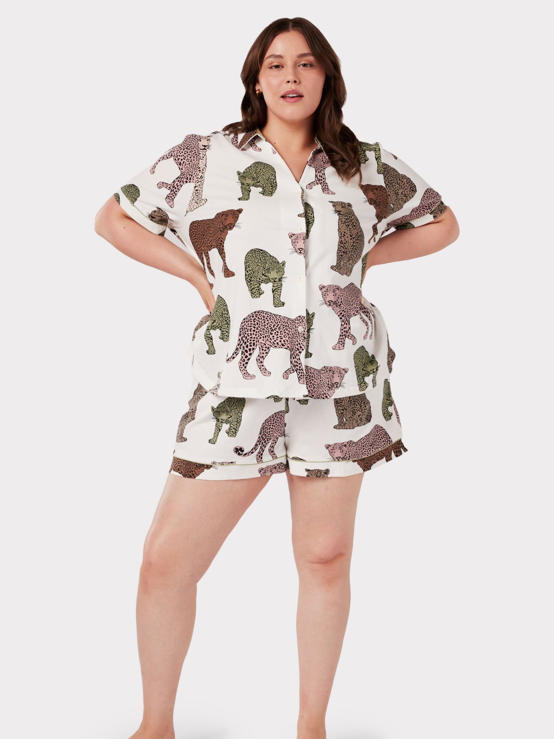 Chelsea Peers Curve Organic Cotton Leopard Print Short Pyjamas, Off White/Multi, 18