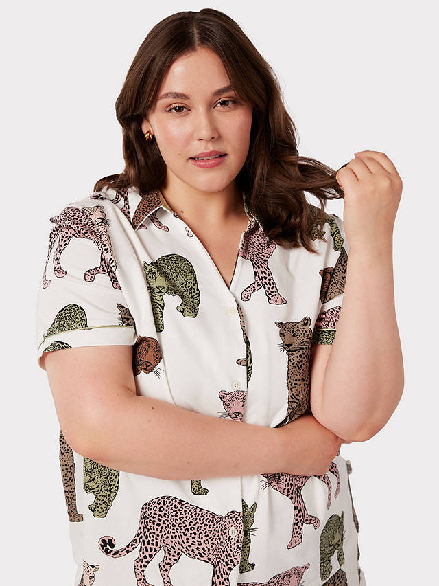 Chelsea Peers Curve Organic Cotton Leopard Print Short Pyjamas, Off White/Multi