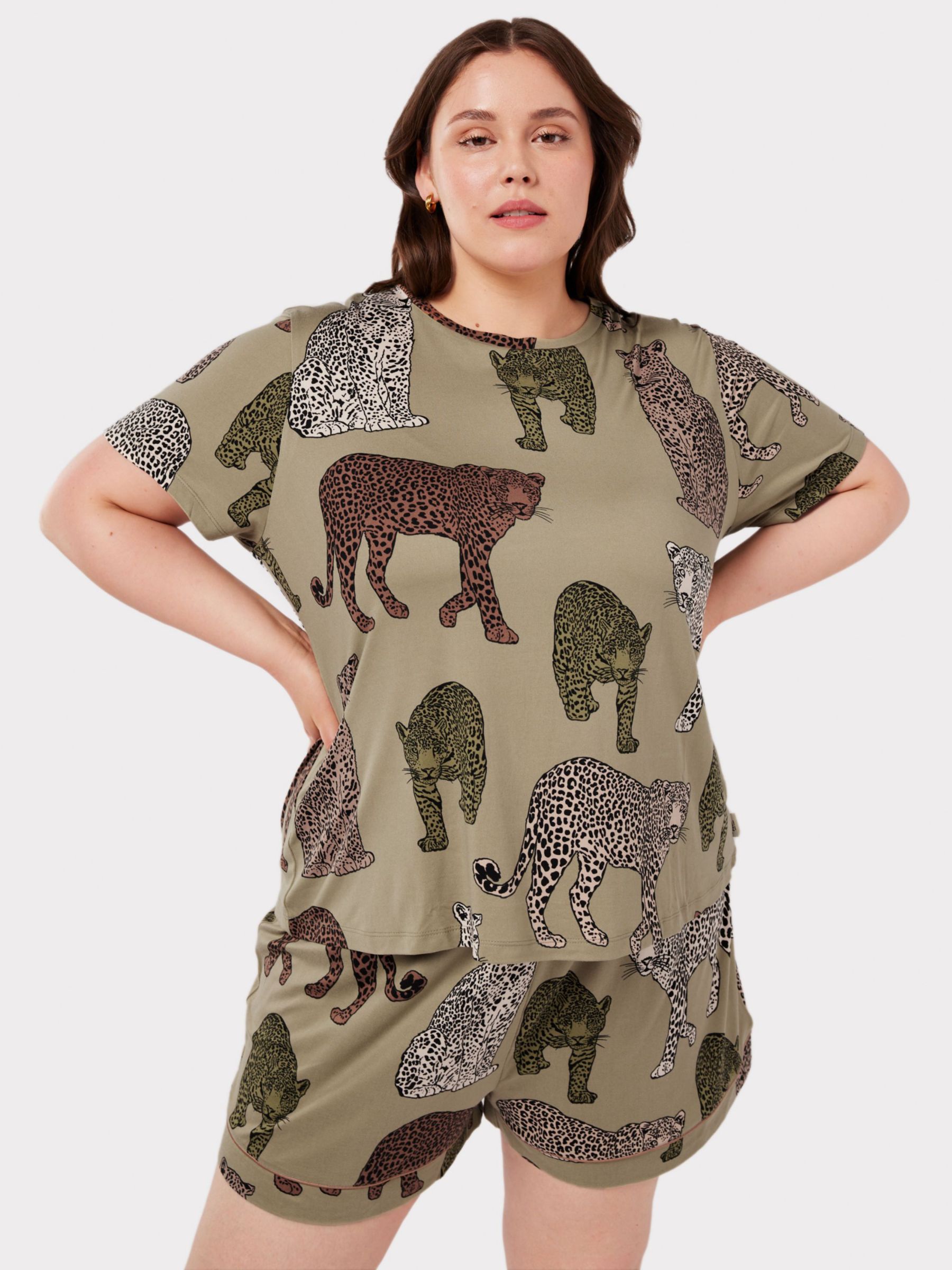 Chelsea Peers Curve Leopard Print Short Pyjamas, Khaki at John Lewis ...