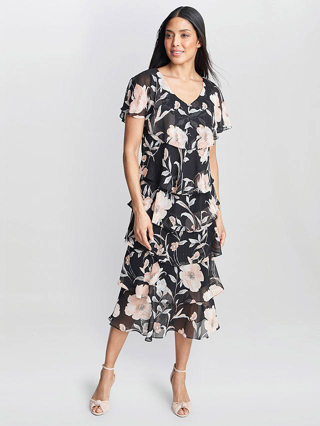 Gina Bacconi Frances Printed Midi Tiered Dress With Trim, Black/Multi