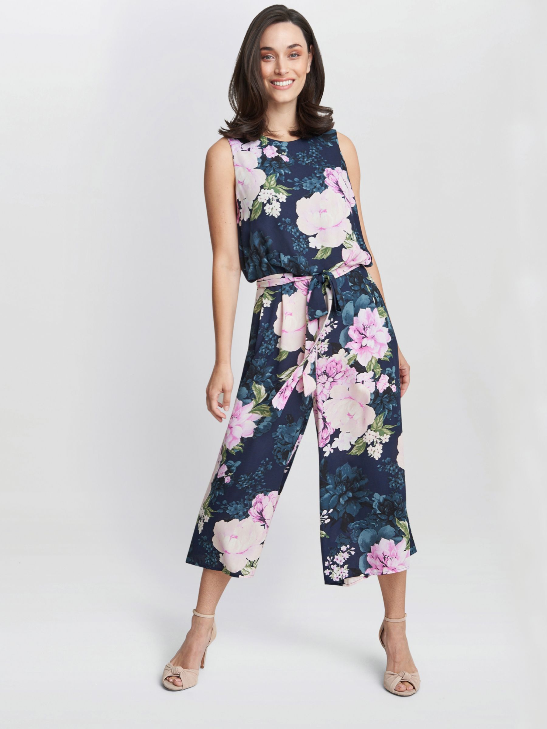 Gina Bacconi Hope Floral Cropped Jumpsuit, Navy/Multi, 10