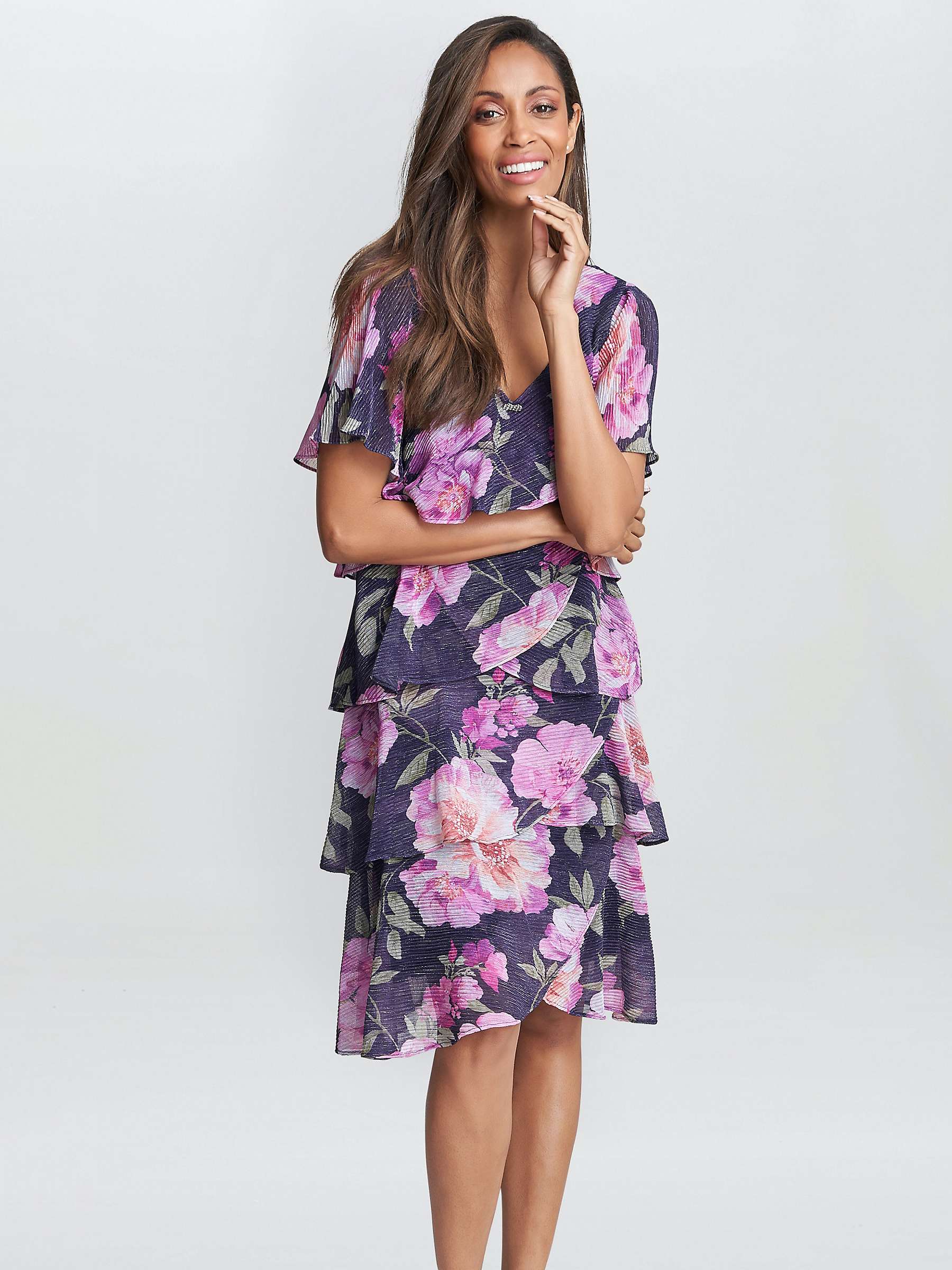 Buy Gina Bacconi Metallic Plisse Floral Tiered Dress, Navy/Multi Online at johnlewis.com