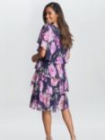 Gina Bacconi Libby Metallic Plisse Floral Tiered Dress, Navy/Multi