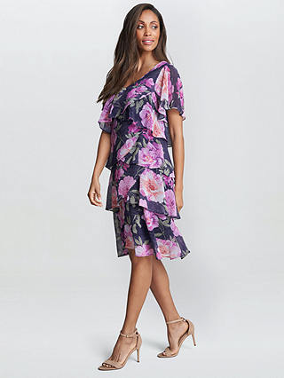 Gina Bacconi Metallic Plisse Floral Tiered Dress, Navy/Multi