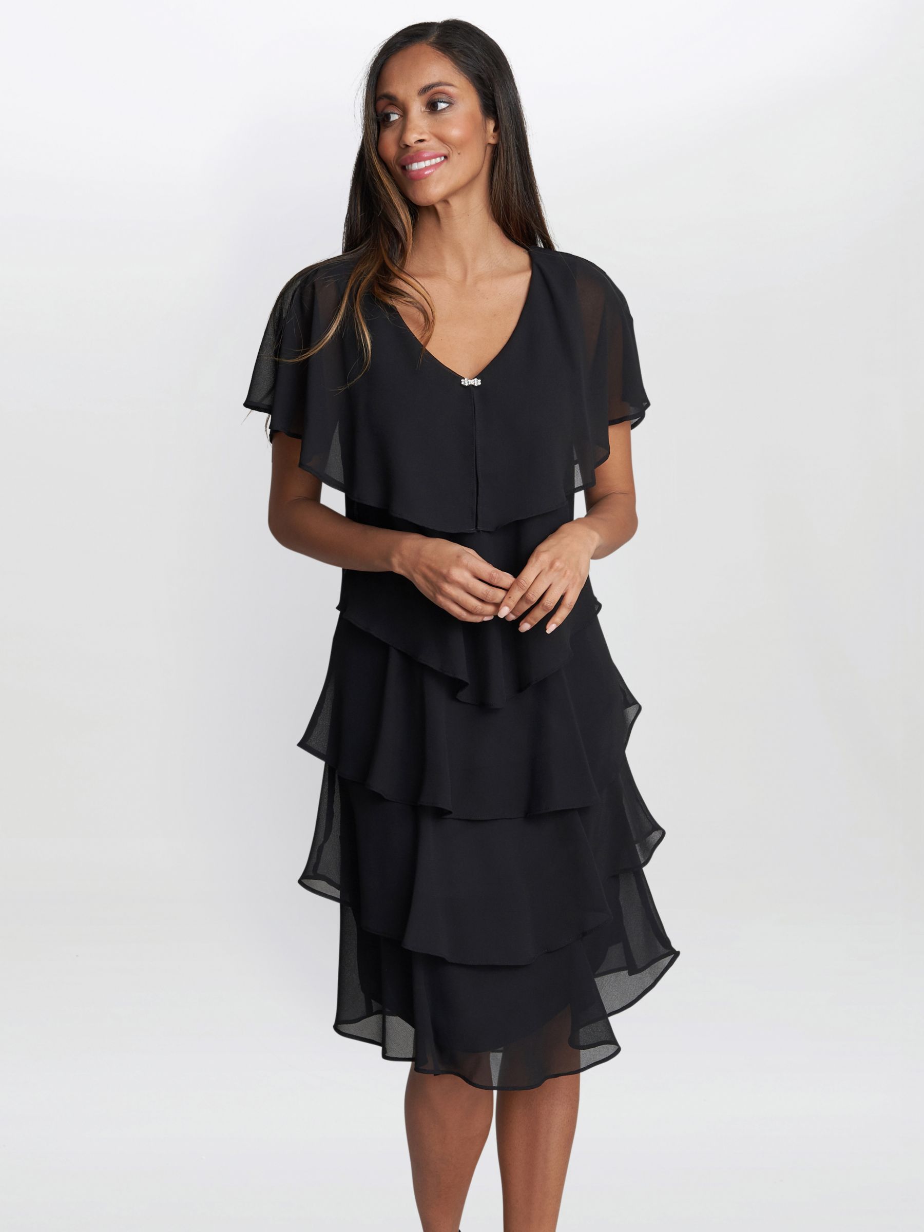 Gina Bacconi Bella Georgette Tiered Dress, Black at John Lewis & Partners
