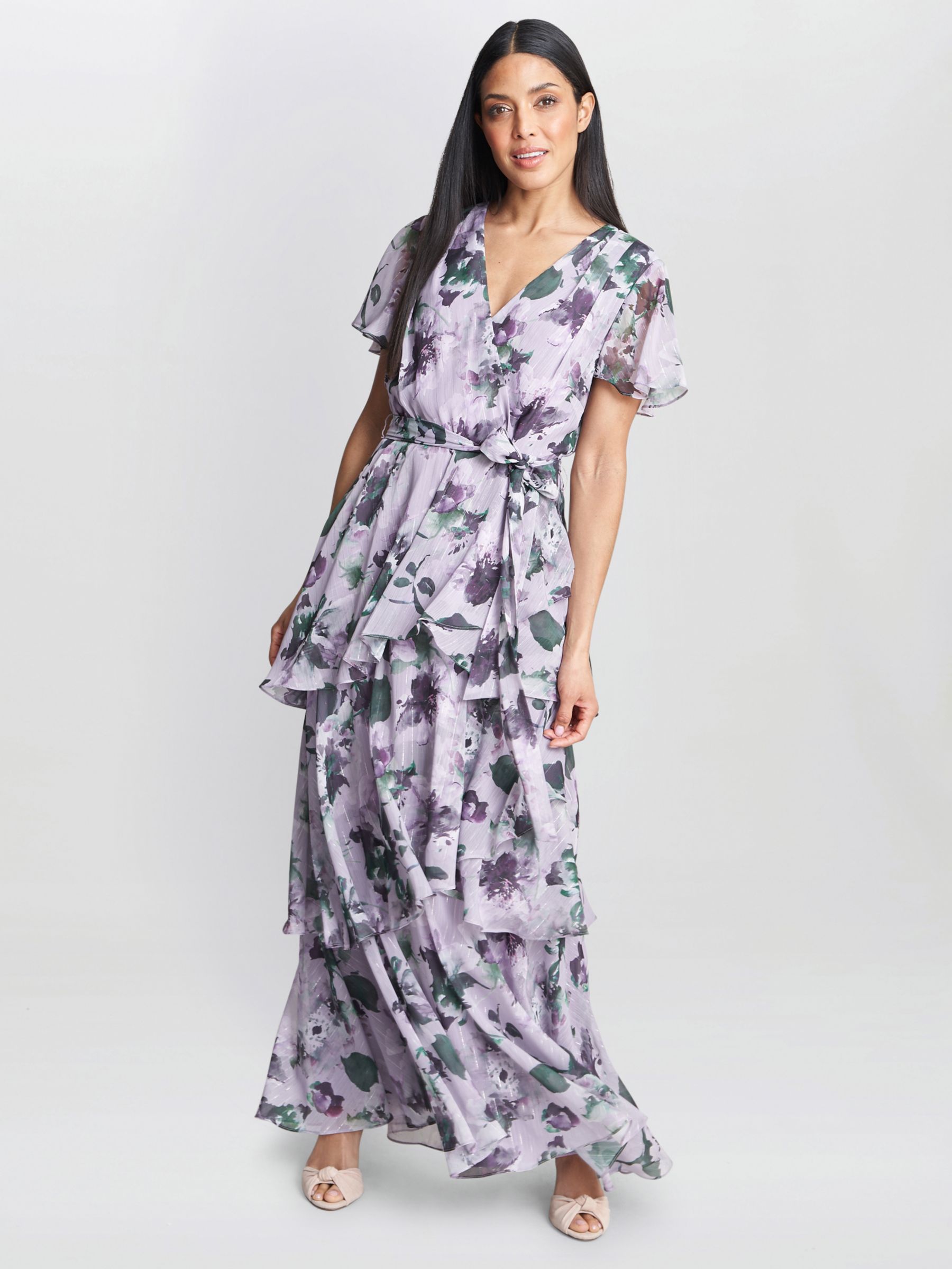 Gina Bacconi Ruby Floral Tiered Maxi Dress, Mauve, 10