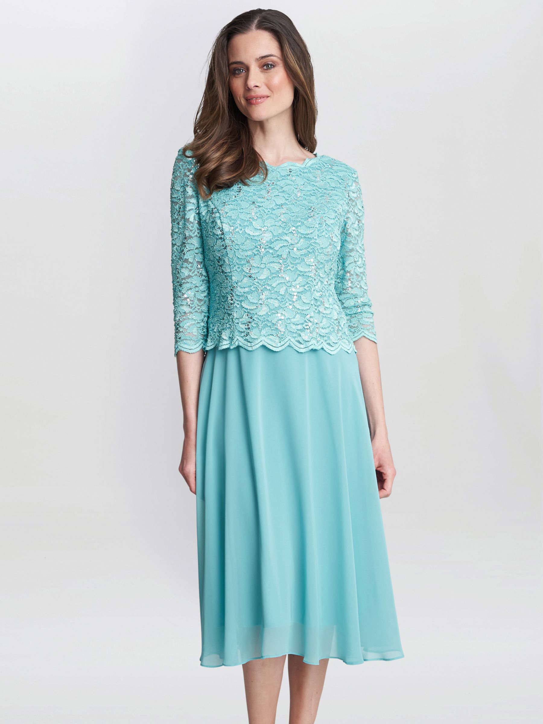 Gina Bacconi Rona Floral Lace Bodice Midi Dress, Sea Mist