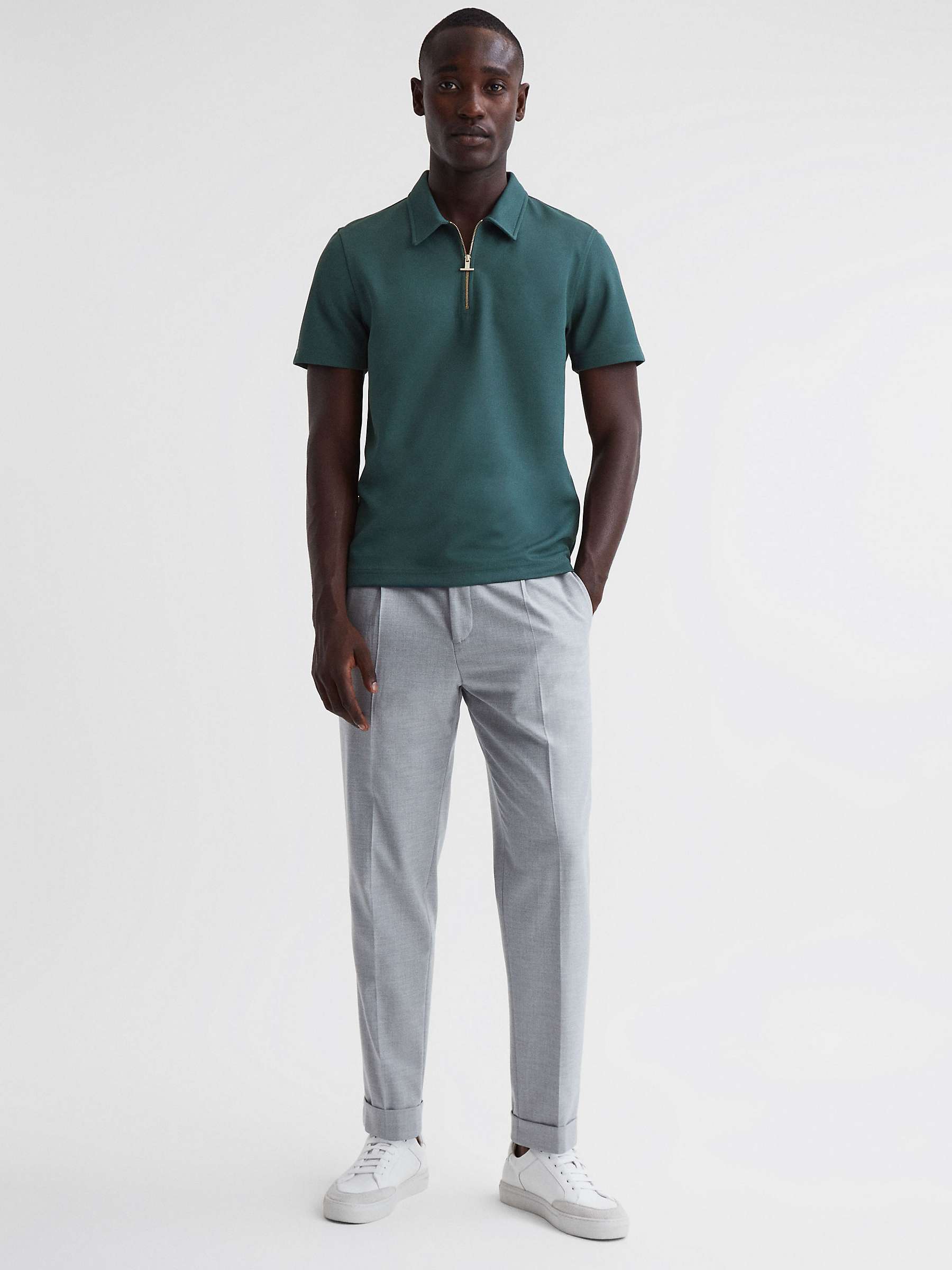 Reiss Floyd Half Zip Textured Polo Shirt, Emerald at John Lewis & Partners