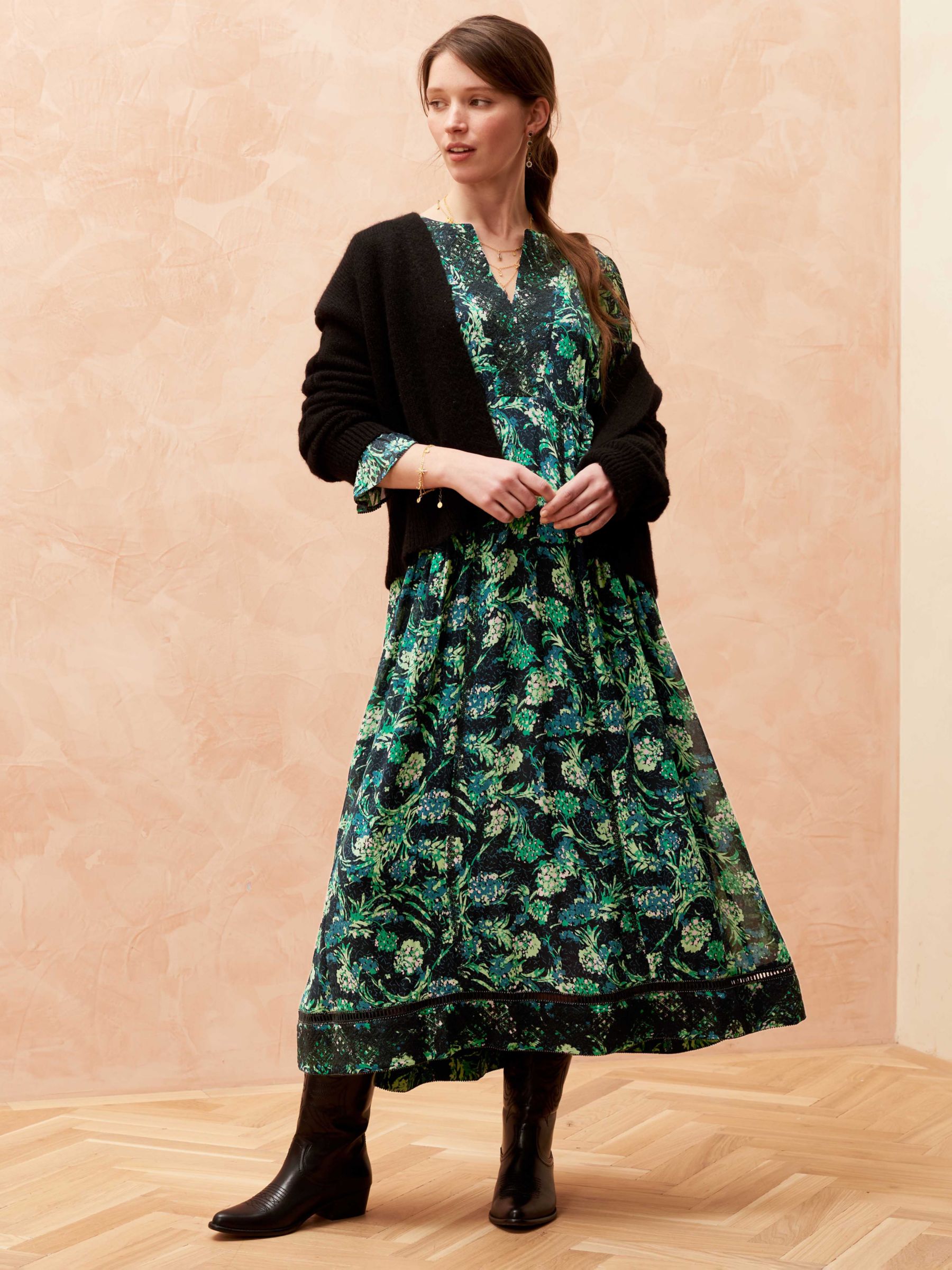 Brora Firework Floral Silk Midi Dress Black Emerald at John Lewis