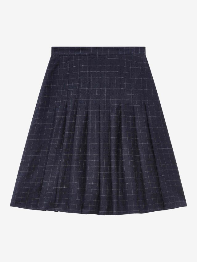 Brora Wool Blend Check Pleated Skirt, Midnight, 6