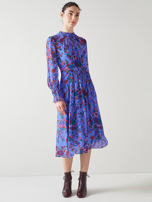 L.K.Bennett Louise Archive Naive Floral Print Midi Dress, Blue/Multi