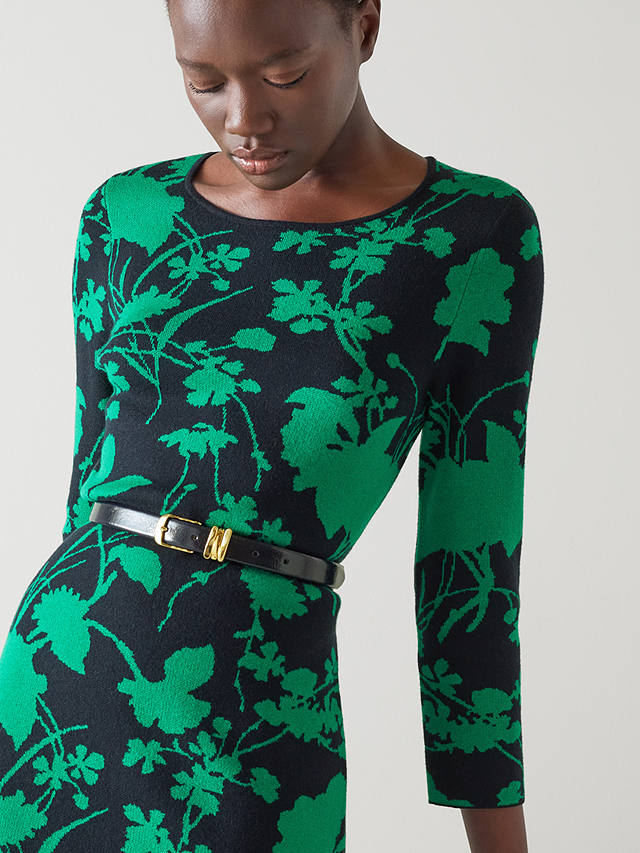 L.K.Bennett Joni Floral Print Knitted Midi Dress, Navy/Green