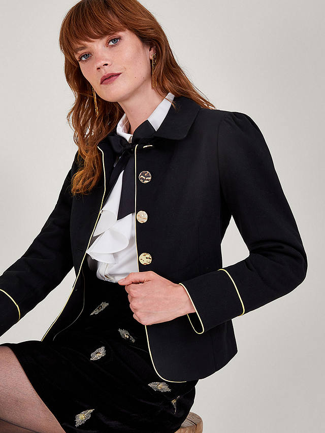 Monsoon Collared Gold Button Piping Detail Jacket, Black