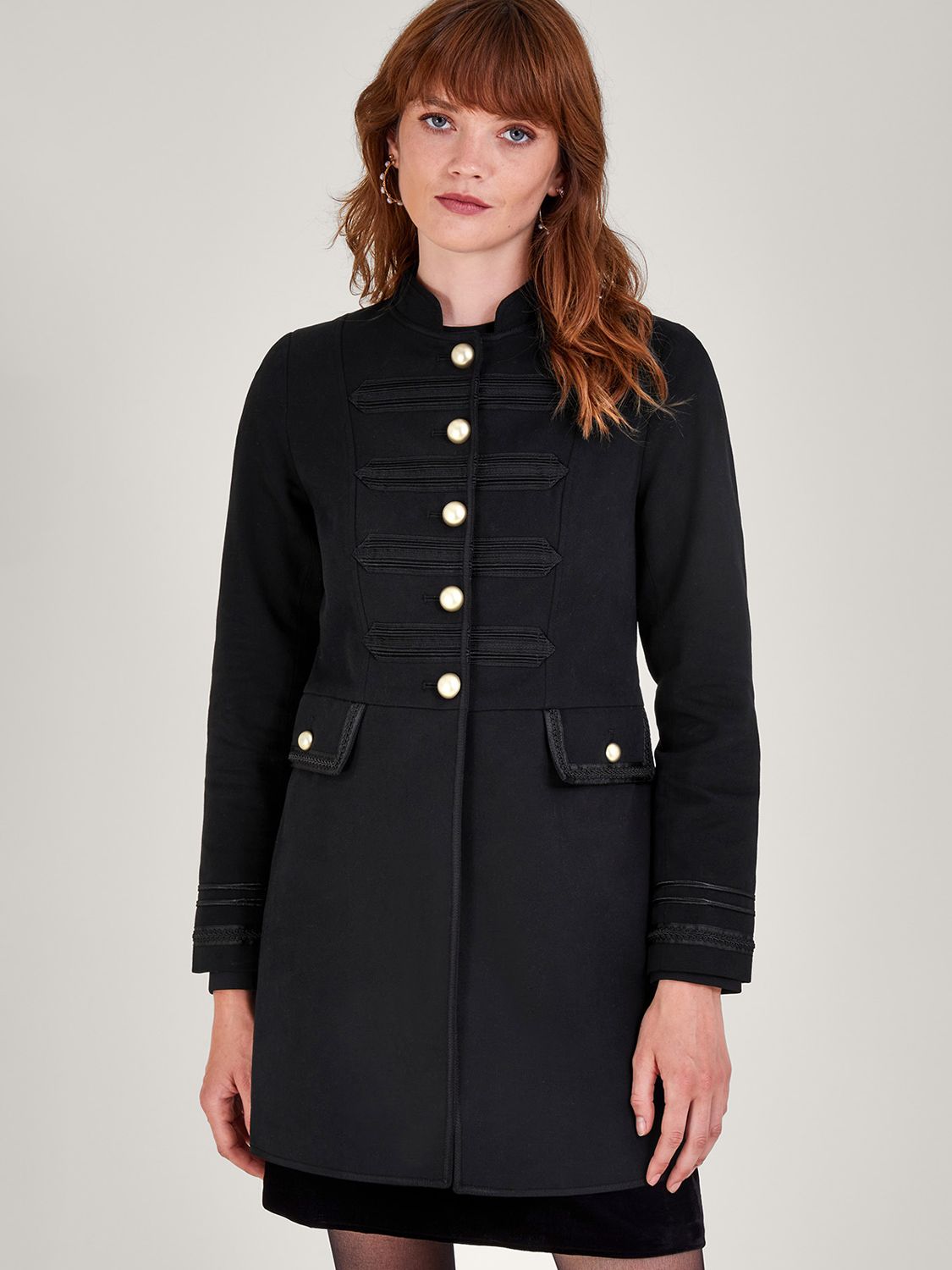 Monsoon Military Style Long Jacket, Black
