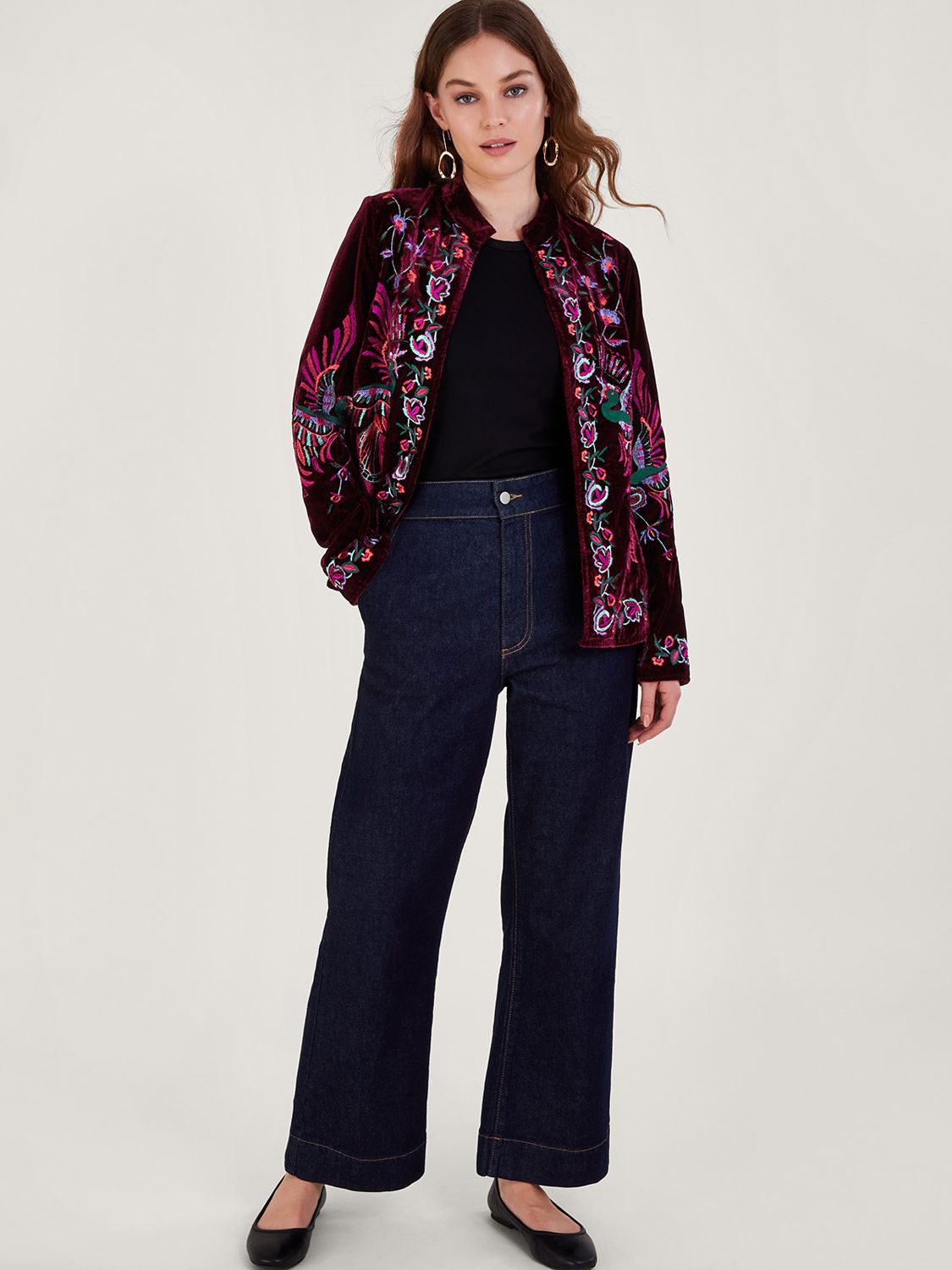 Monsoon Verina Embroidered Bird Jacket, Berry/Multi at John Lewis & Partners