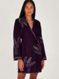 Monsoon Navi Feather Embellished Velvet Wrap Dress, Purple