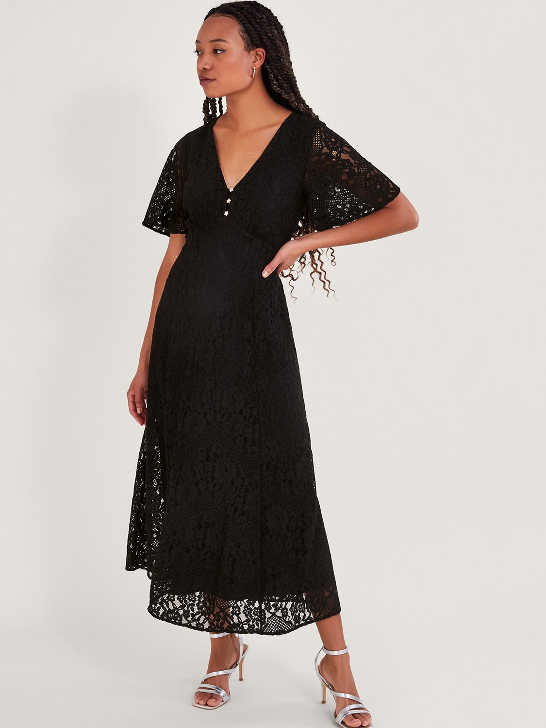 Monsoon Lace Cotton Blend Maxi Tea Dress, Black