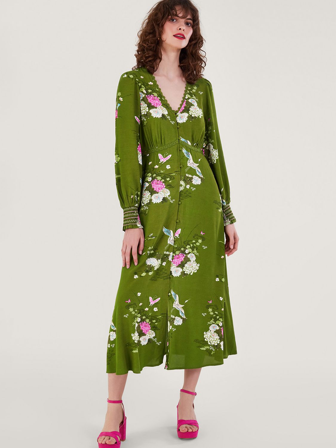 Monsoon Drew Floral Print Midi Tea Dress, Green