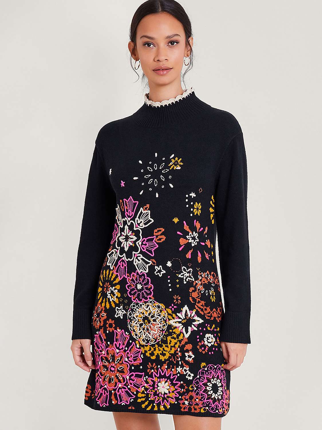 Monsoon Eve Embroidered Mini Dress, Black at John Lewis & Partners