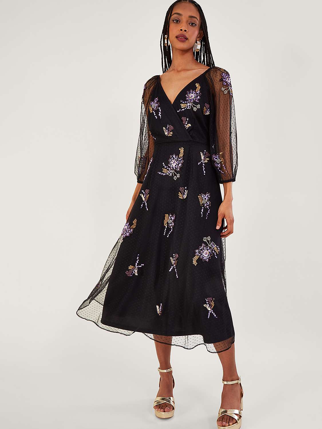 Monsoon Eloise Embellished Midi Dress, Black/Multi at John Lewis & Partners