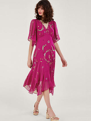 Monsoon Jane Hanky Hem Embroidered Midi Dress, Pink