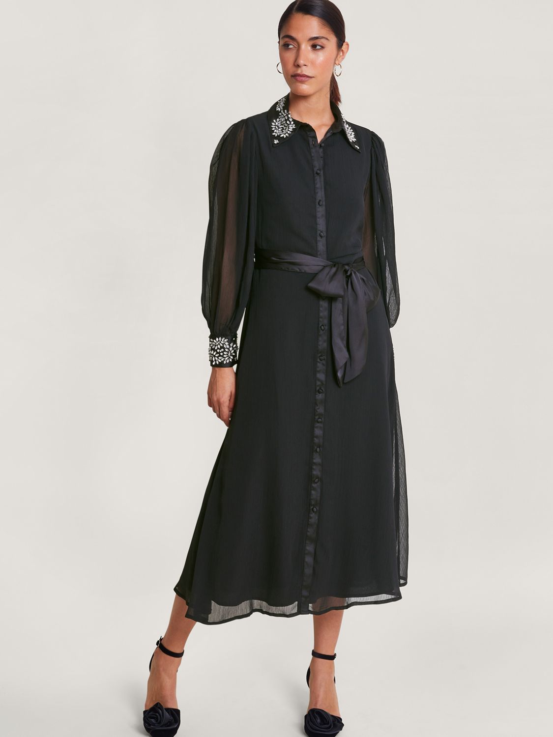 Monsoon Lorenna Embellished Shirt Dress, Black at John Lewis & Partners