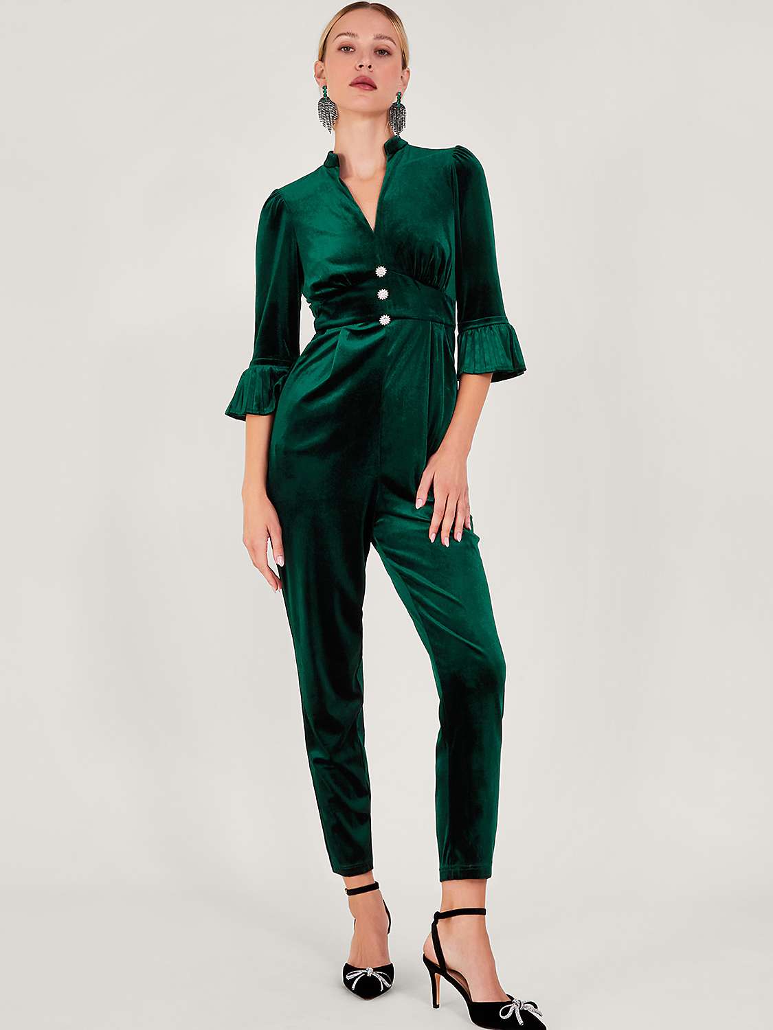Buy Monsoon Kyra Fluted Sleeve Velvet Jumpsuit, Green Online at johnlewis.com