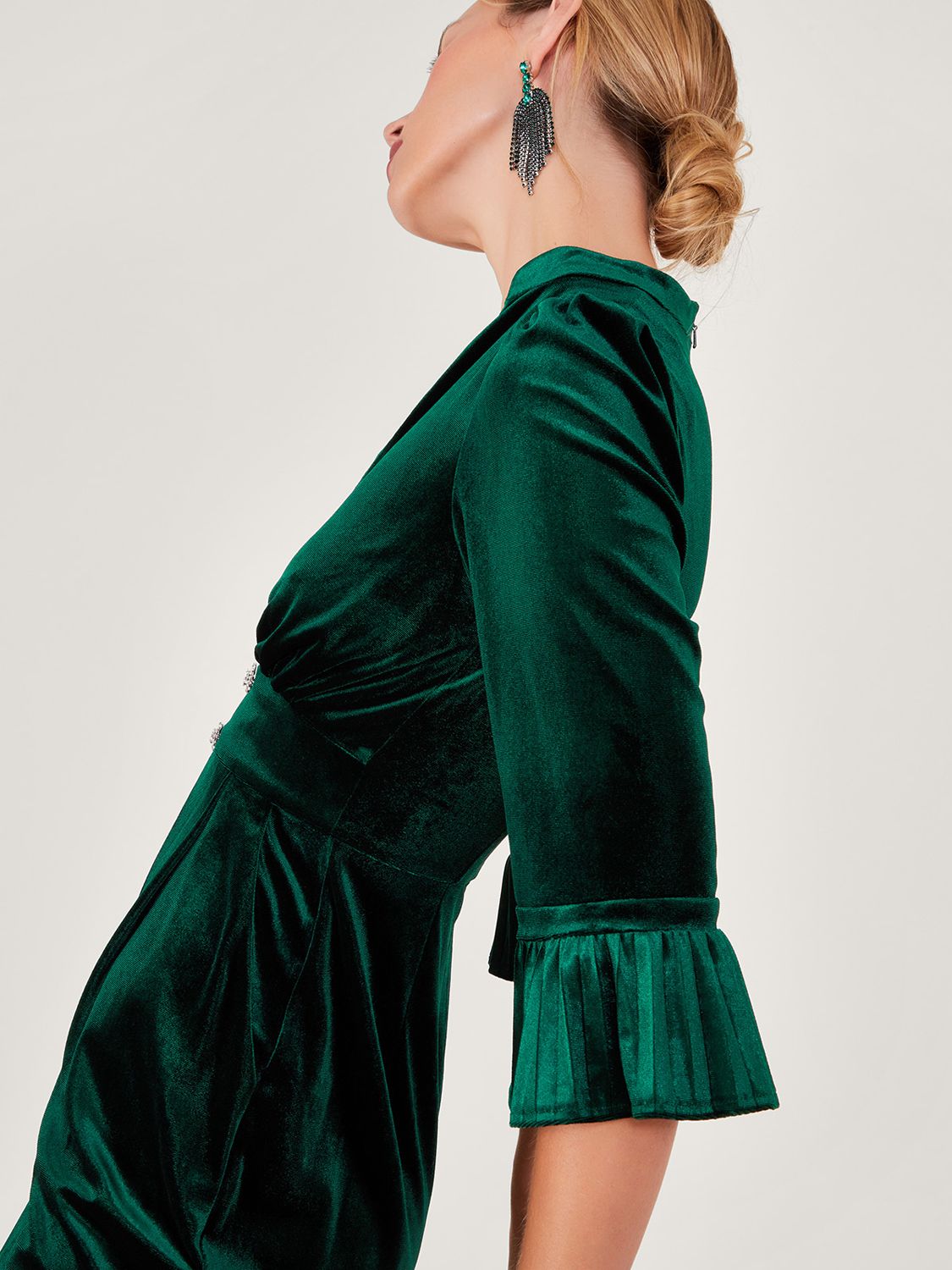 Buy Monsoon Kyra Fluted Sleeve Velvet Jumpsuit, Green Online at johnlewis.com