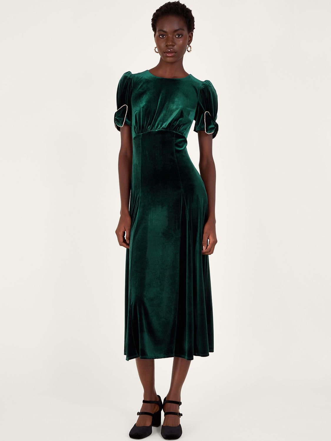 Monsoon Belle Velvet Bow Detail Midi Dress, Green at John Lewis & Partners