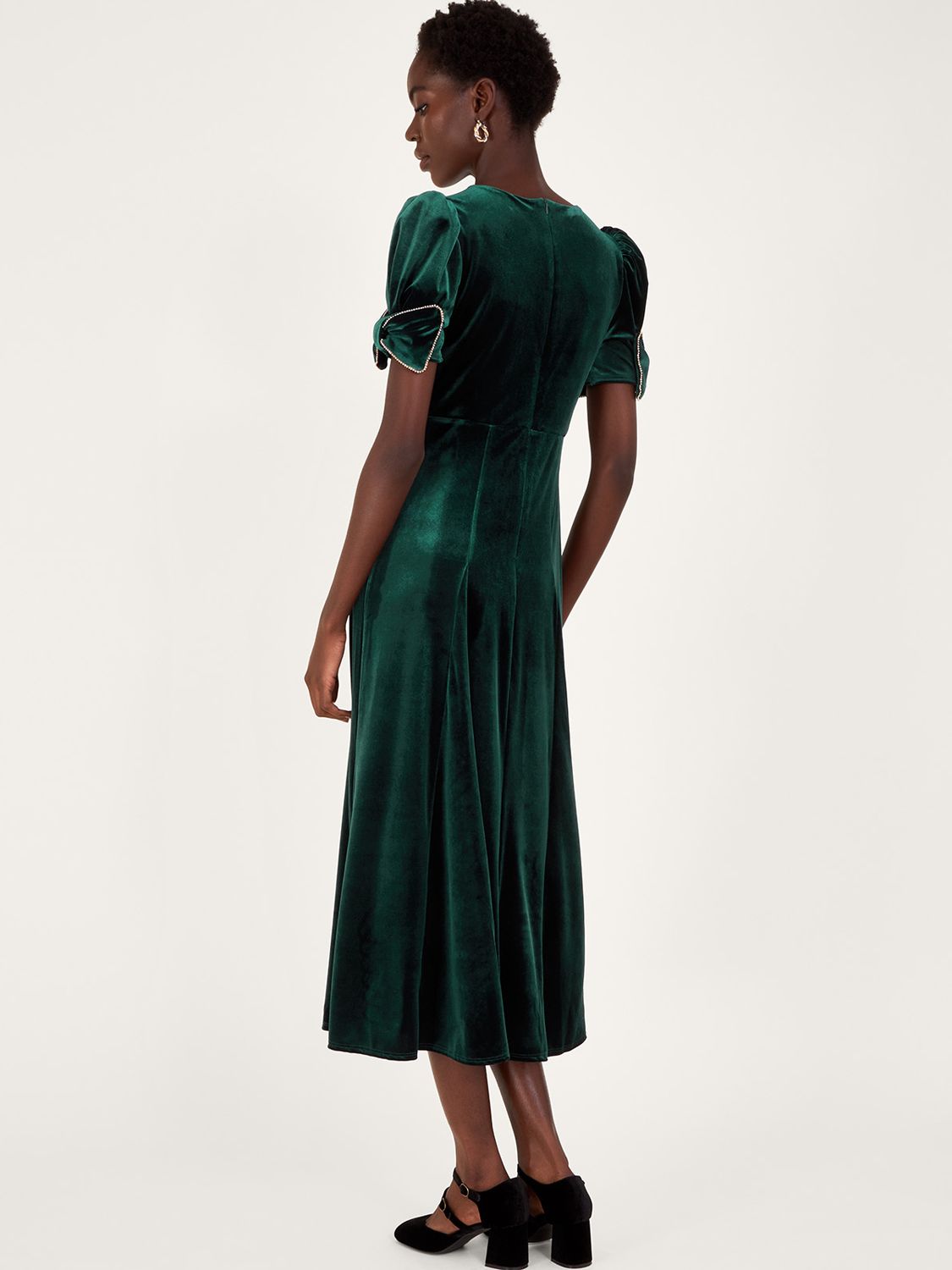 Monsoon Belle Velvet Bow Detail Midi Dress, Green at John Lewis & Partners
