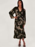 Monsoon Annette Floral Print Midi Skirt, Black/Cream