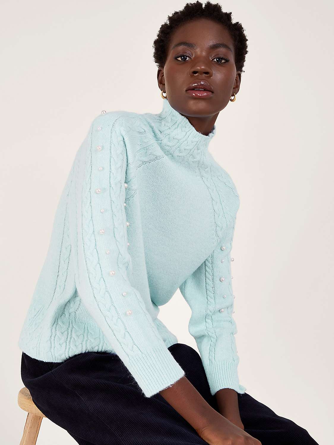 Monsoon Faux Pearl Cable Jumper, Blue at John Lewis & Partners
