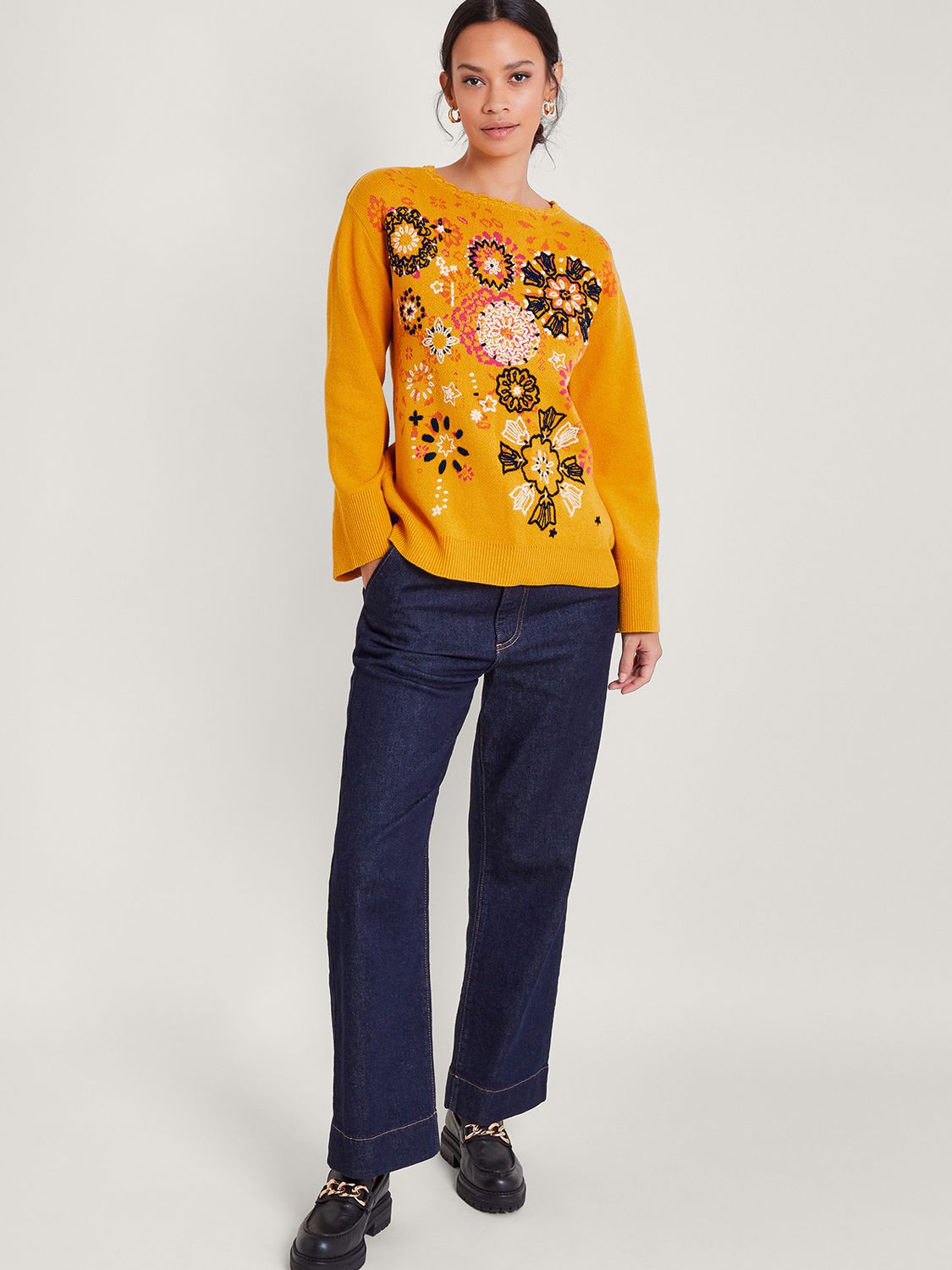 Monsoon Floral Embroidered Jumper, Ochre at John Lewis & Partners