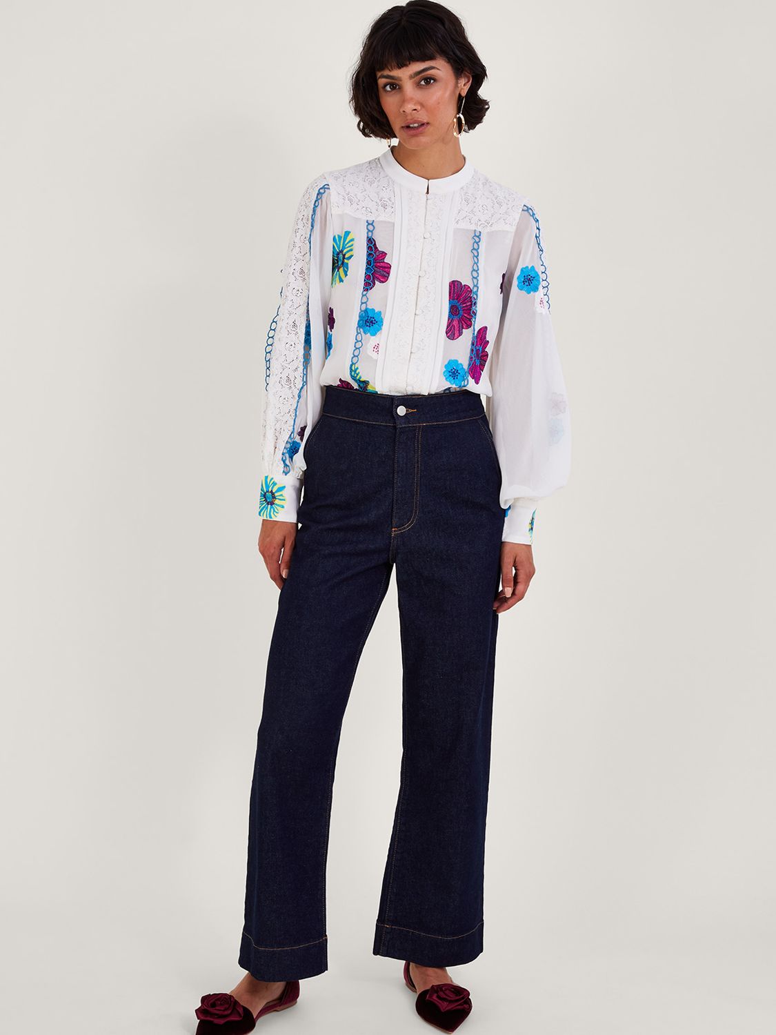 Monsoon Lorraine Lace and Embroidery Shirt, Ivory at John Lewis & Partners