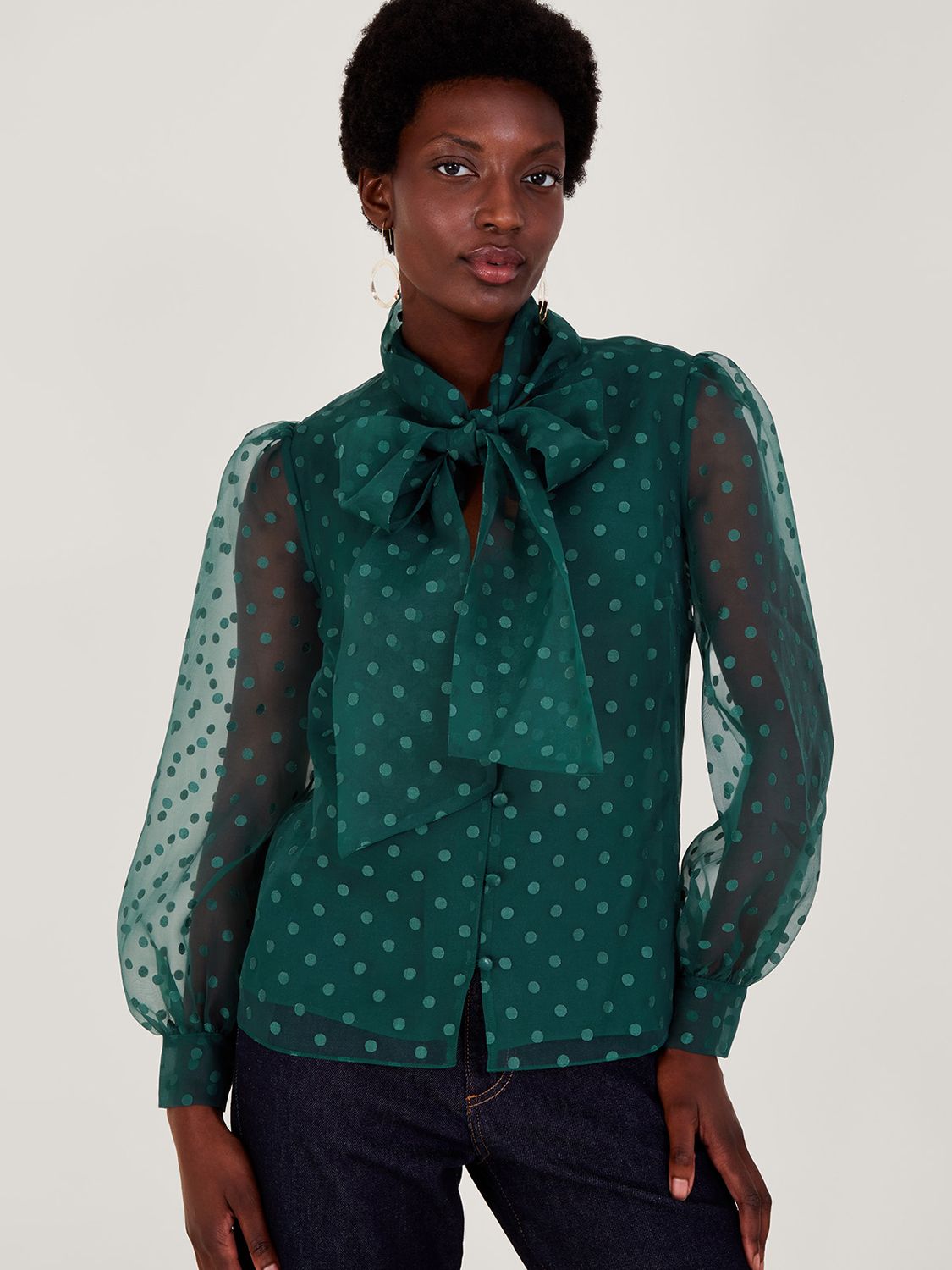 Monsoon Rosa Spot Bow Blouse, Green/White at John Lewis & Partners