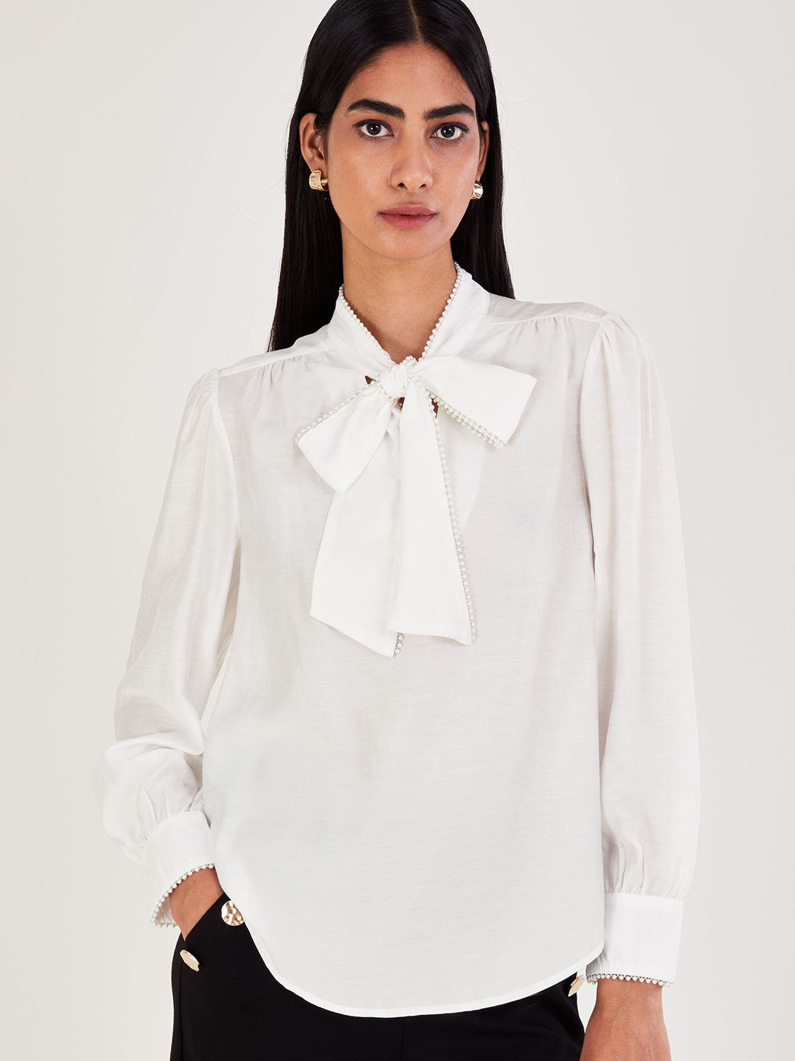 Monsoon Polly Pussybow Blouse, Ivory