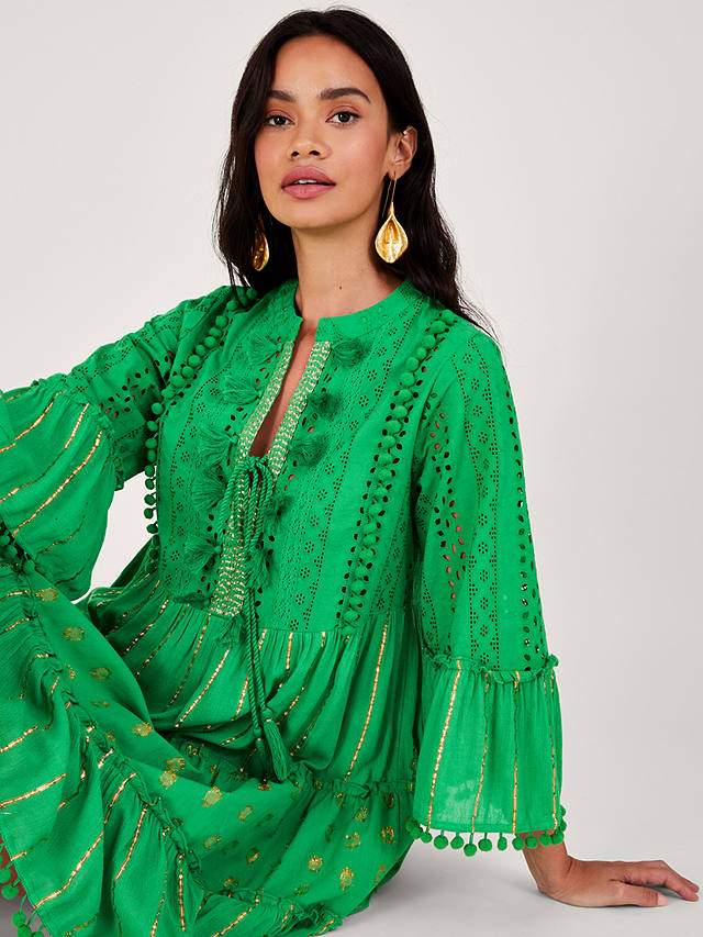 Monsoon Metallic Tassel Kaftan Dress, Green at John Lewis & Partners