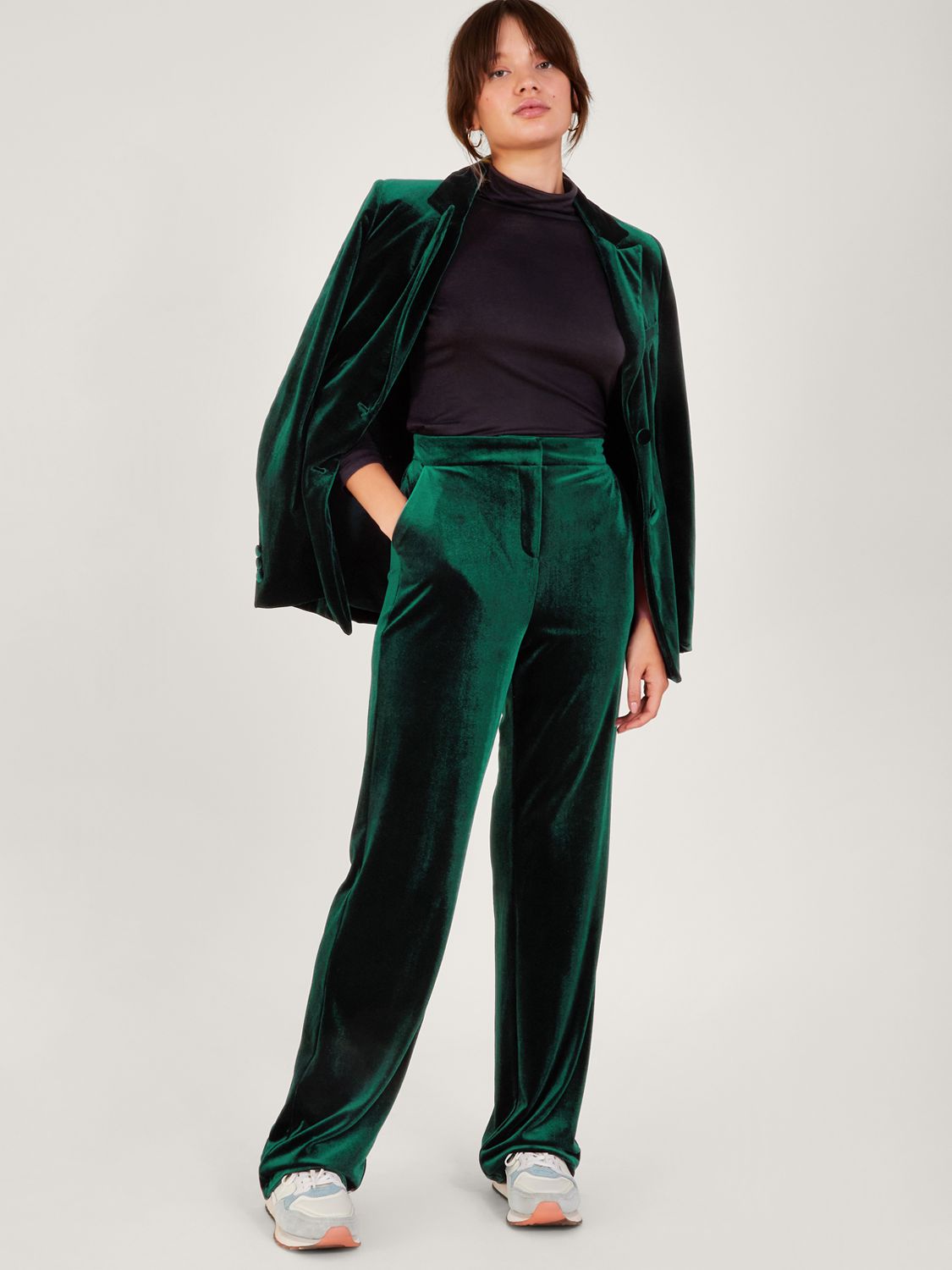 Monsoon Blake Kick Flare Trousers, Green at John Lewis & Partners