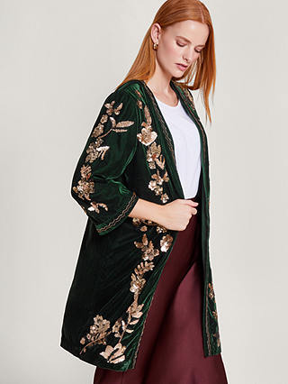 Monsoon Kiara Embroidered Velvet Kimono, Green